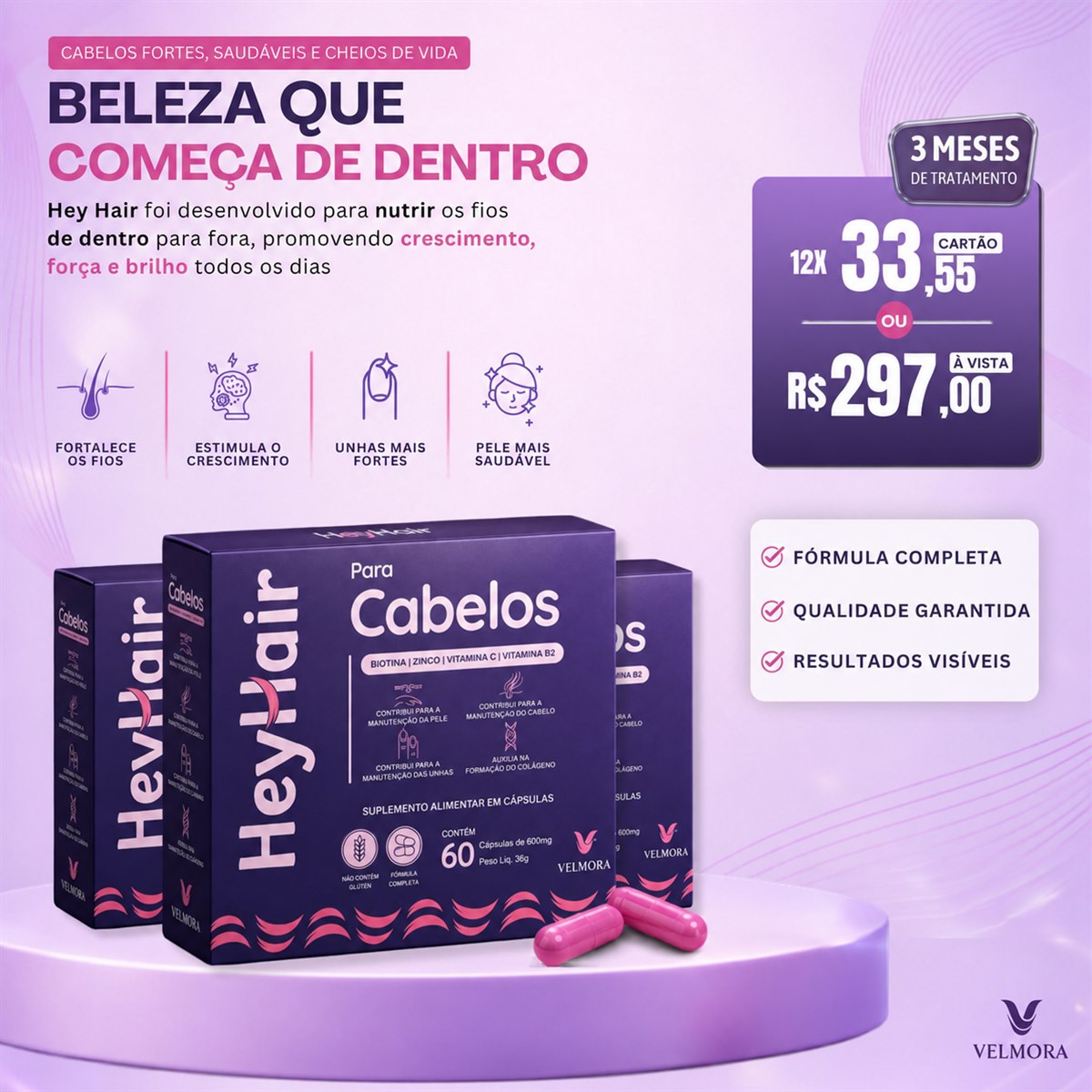 Kit HeyHair para 3 meses com 10% de desconto
