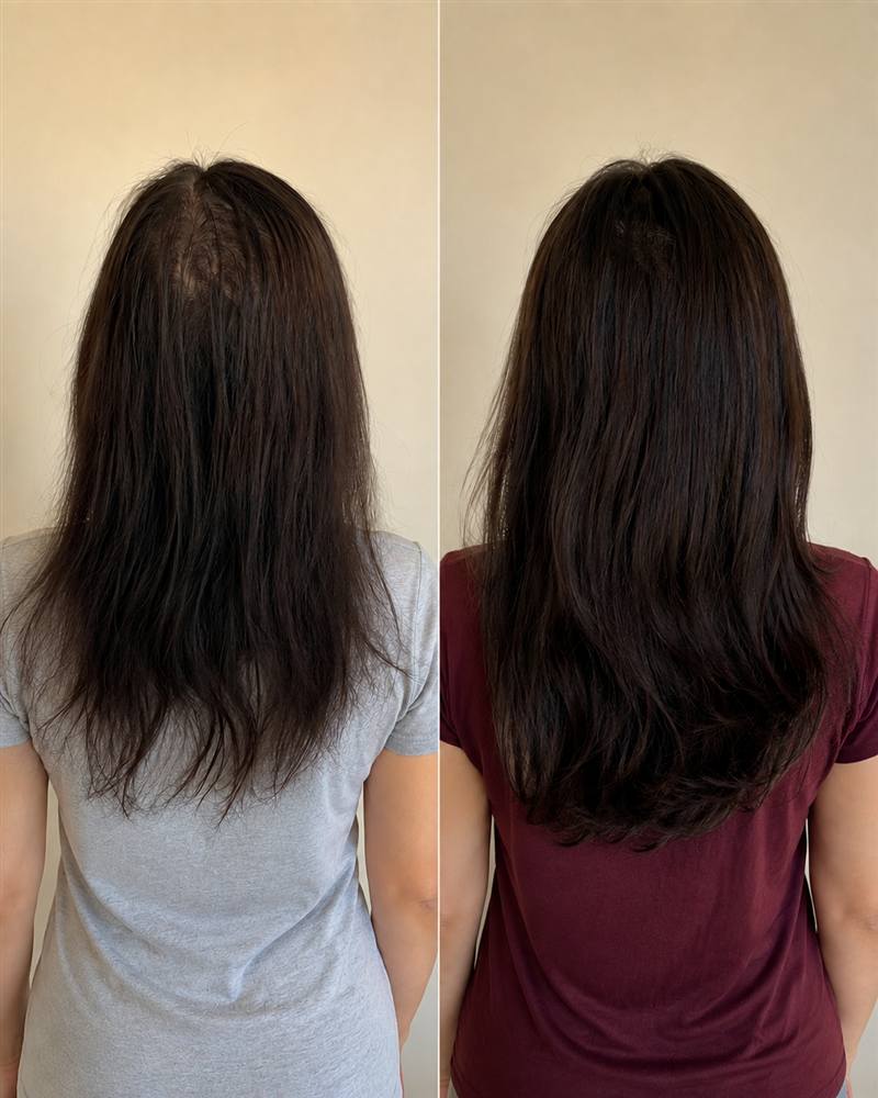 Comparação fotográfica compartilhada por Fátima sobre sua experiência pessoal com uma rotina de cuidados capilares
