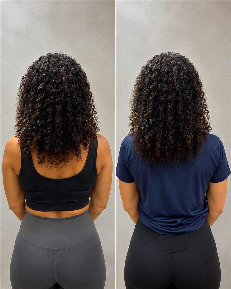 Comparação fotográfica compartilhada por Luana sobre sua experiência pessoal com uma rotina de cuidados capilares