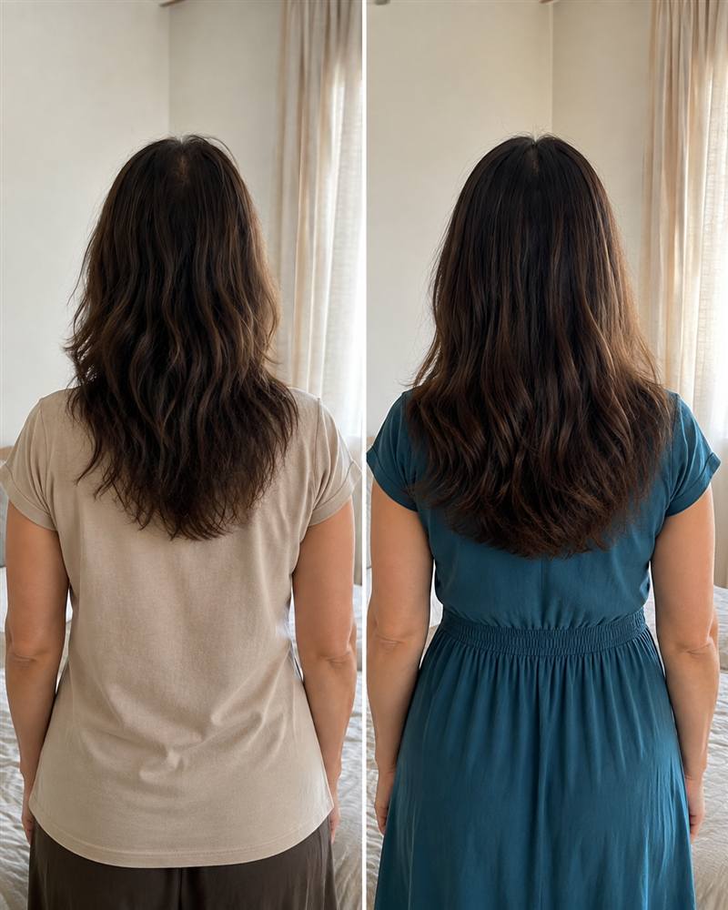 Comparação fotográfica compartilhada por Raquel sobre sua experiência pessoal com uma rotina de cuidados capilares